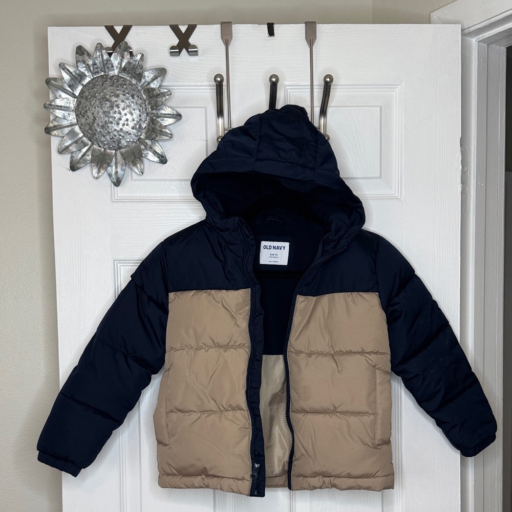 Old Navy Black/Tan Water-Resistant Puffer Jacket Sz S (6-7) Fleece lined Hooded
